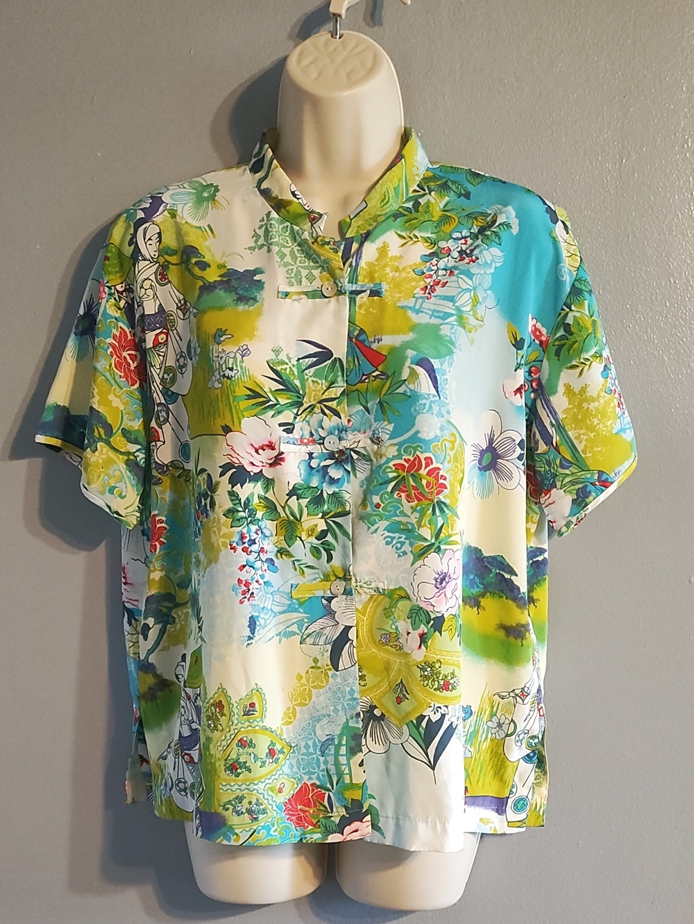 Natori Floral Short-Sleeve Blouse in Aqua, Green and Cream